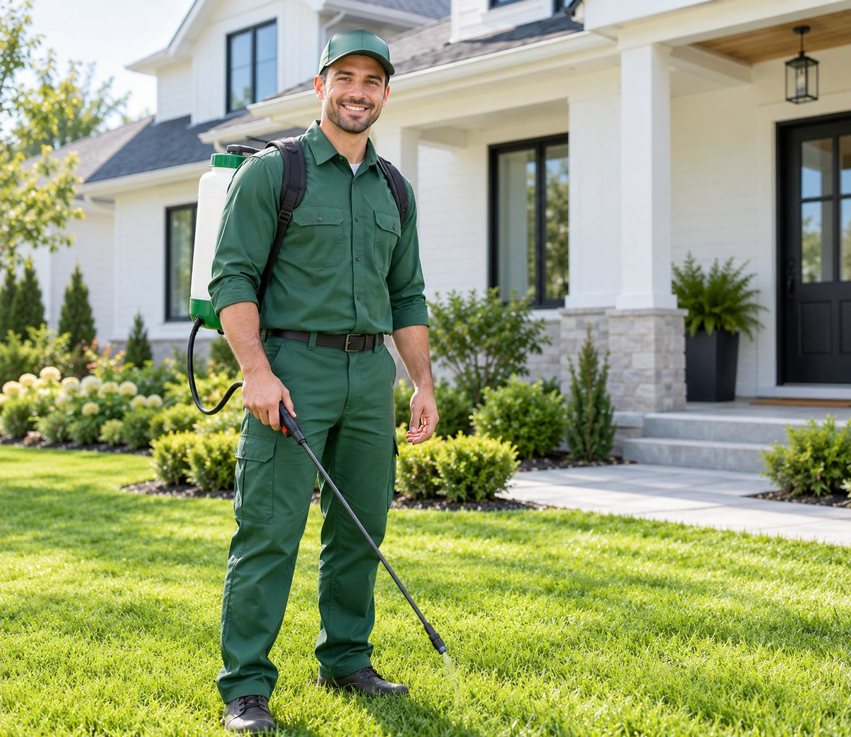 Pest control technician protecting a family home